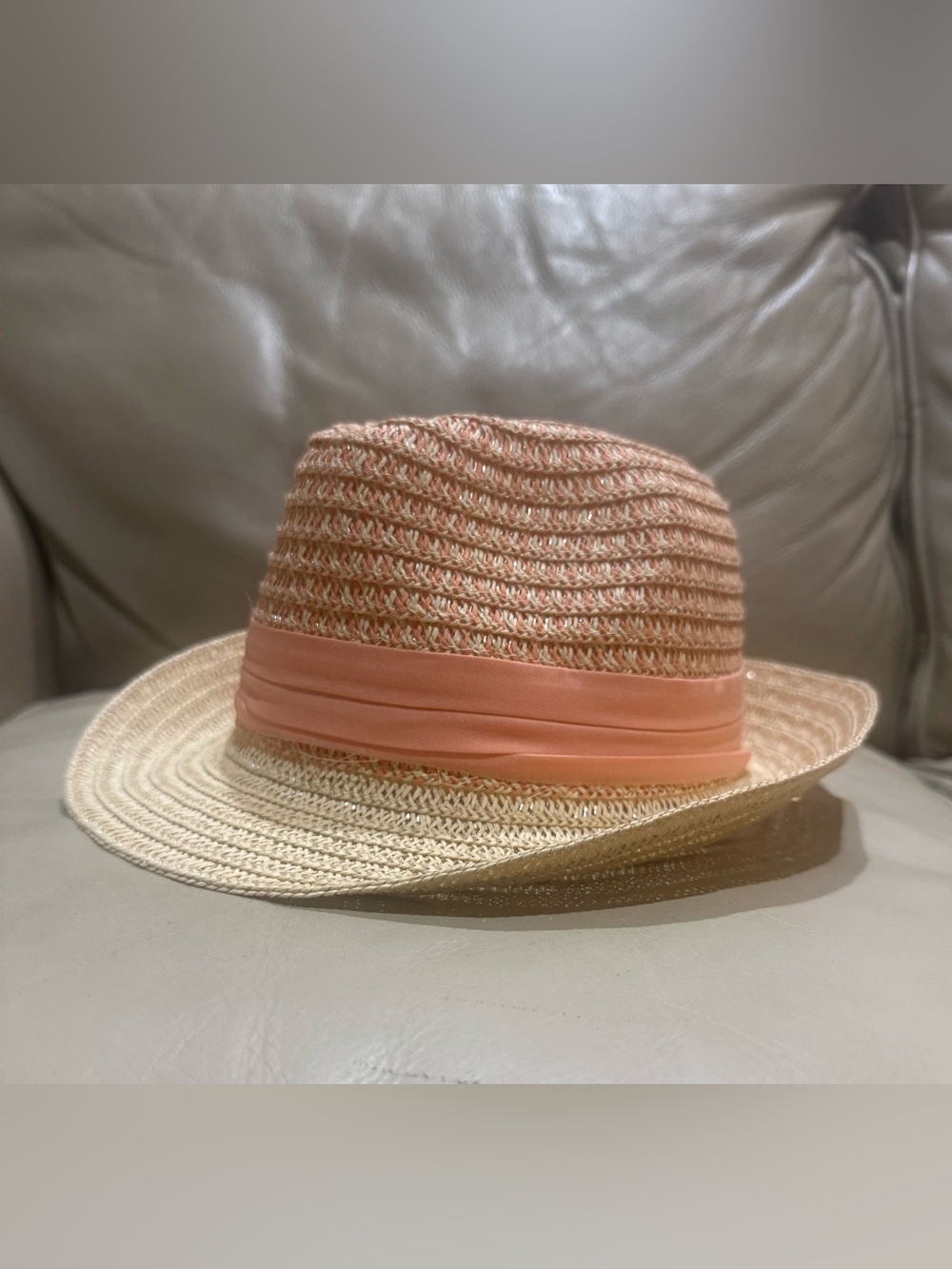 NEW SUN and SAND woven peach and tan straw Fedora Hat with Peach Band. Sunhat